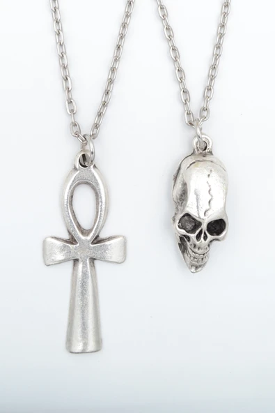 2'li Ankh Anahtarı - Nil'in Anahtarı - Kuru Kafa Gümüş Kaplama Kolye Seti ürün görseli 1