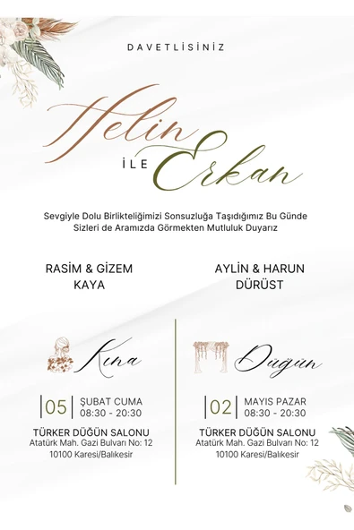 Özcan Tasarım Kişiye Özel Davetiye - Düğün Davetiye - Nişan Davetiye - Nikah Davetiye ( Zarflı ) ( 50 Adet ) ürün görseli