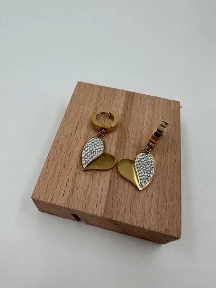 Xbaby Yarısı Taşlı Kalp Gold Küpe - Resim 2