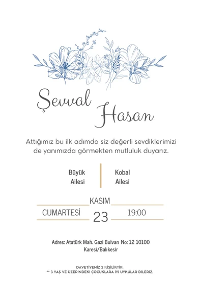 Özcan Tasarım Kişiye Özel Davetiye - Düğün Davetiye - Nişan Davetiye - Nikah Davetiye ( Zarflı ) ( 50 Adet ) MDL 7 ürün görseli