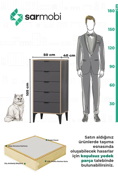 SARMOBİ Arden 5 Çekmeceli Şifonyer , Çamaşırlık - Resim 7