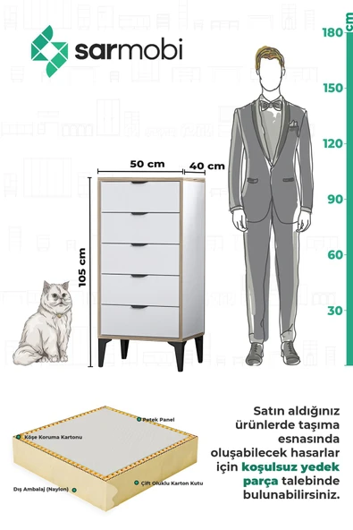 SARMOBİ Arden 5 Çekmeceli Şifonyer , Çamaşırlık - Resim 7