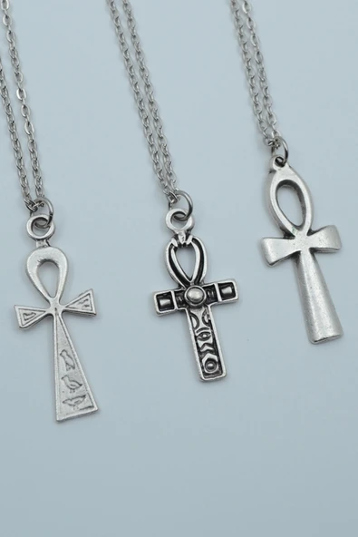 3'lü Antik Mısır Sembolü Ankh Anahtarı Gümüş Kaplama Kolye Seti ürün görseli 1