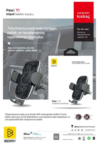 IBERRY PAW T1 METALİK KLİPSLİ SÜPER ADAPTATİF ARAÇ İÇİ TELEFON TUTUCU - 6