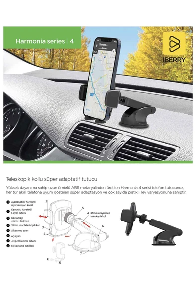 IBERRY HARMONİ4 H04 TELESKOPİK KOLLU VANTUZLU SÜPER ADAPTATİF ARAÇ İÇİ TELEFON TUTUCU - 4