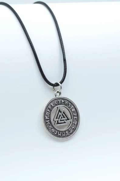 Viking Run Büyülü Sembol Gümüş Kaplama Deri İp Kolye ürün görseli 1