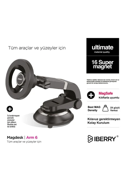 İBERRY MAGLOCK ARM 6 VANTUZLU MAGSAFE ARAÇ İÇİ TELEFON TUTUCU - 3