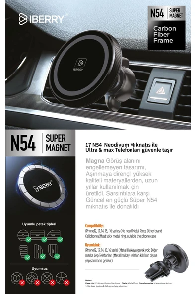 İBERRY MAGNA1 KARBON KLİPSLİ MANYETİK ARAÇ İÇİ TELEFON TUTUCU - 5