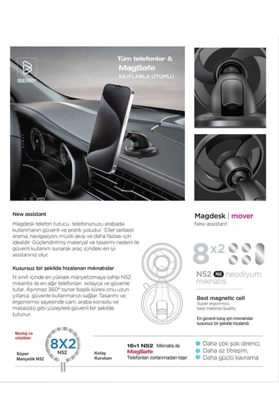 IBERRY MAGDESK MOVER MOV 1 VANTUZLU MANYETİK MAGSAFE UYUMLU ARAÇ İÇİ TELEFON TUTUCU - 8