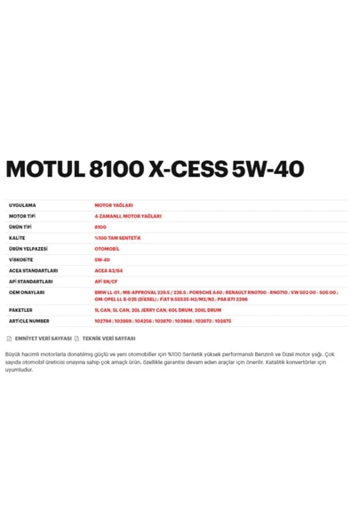 Motul 8100 X-cess 5w-40 %100 Sentetik 5 Litre Araç Yağı (2023 ÜRETİM TARİHLİ) - Resim 2