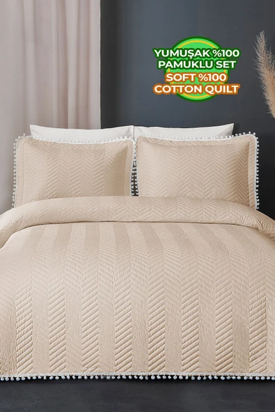 Ollie %100 Pamuk Yatak Örtüsü ( Pike ) Takımı Çift Kişilik Ponponlu Kapitone Çizgili Günlük Pudra - 1