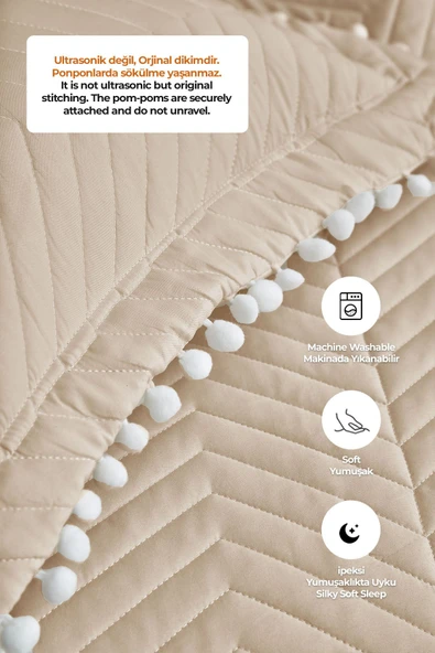 Ollie %100 Pamuk Yatak Örtüsü ( Pike ) Takımı Çift Kişilik Ponponlu Kapitone Çizgili Günlük Pudra - 3