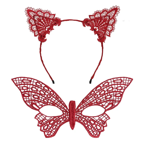 Gösterişli Kırmızı Dantel Maske ve Taç Seti 7 No – Masquerade ve Davetler için - Resim 2
