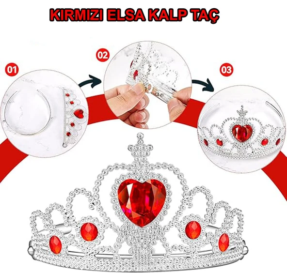 Kalp Taşlı Kırmızı Renk Karlar Ülkesi Elsa Anna Frozen Tacı - Resim 3