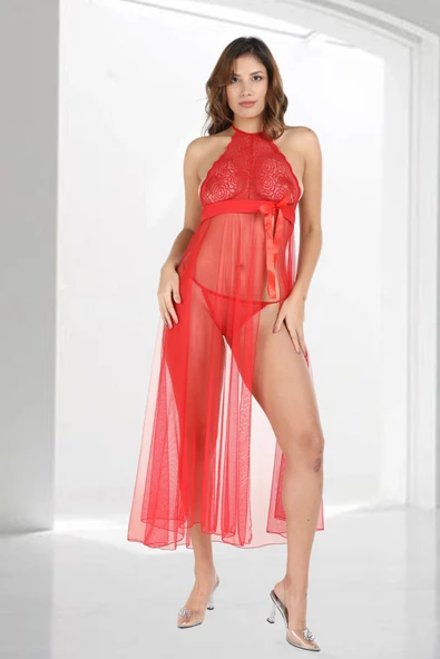 Kırmızı Dantelli Tül Gecelik - 5