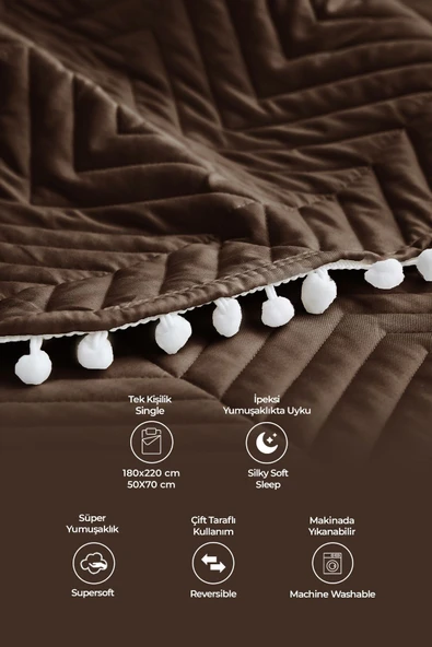 Rise Renkli Ponponlu %100 Pamuk Tek Kişilik Yatak Örtüsü Elyaf Dolgulu ( Pike ) Takımı Krem Renkli - 2