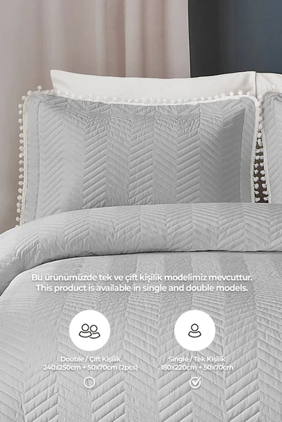 Rise Renkli Ponponlu %100 Pamuk Tek Kişilik Yatak Örtüsü Elyaf Dolgulu ( Pike ) Takımı Krem Renkli - 4