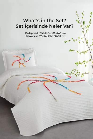 Rise Renkli Ponponlu %100 Pamuk Tek Kişilik Yatak Örtüsü Elyaf Dolgulu ( Pike ) Takımı Krem Renkli - 4