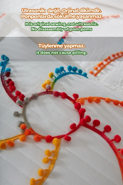 Rise Renkli Ponponlu %100 Pamuk Tek Kişilik Yatak Örtüsü Elyaf Dolgulu ( Pike ) Takımı Krem Renkli - 3