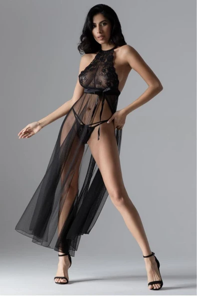 Siyah Dantelli Tül Gecelik - 3