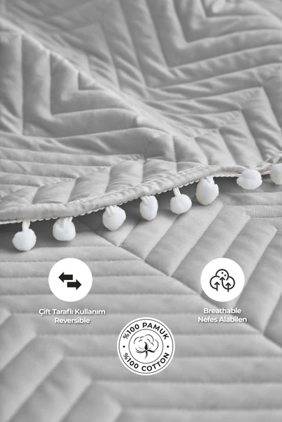 Rise Renkli Ponponlu %100 Pamuk Tek Kişilik Yatak Örtüsü Elyaf Dolgulu ( Pike ) Takımı Krem Renkli - 5