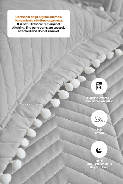 Rise Renkli Ponponlu %100 Pamuk Tek Kişilik Yatak Örtüsü Elyaf Dolgulu ( Pike ) Takımı Krem Renkli - 3