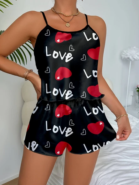 Ask Temalı Kalp Desenli Saten Şortlu Gecelik - 2