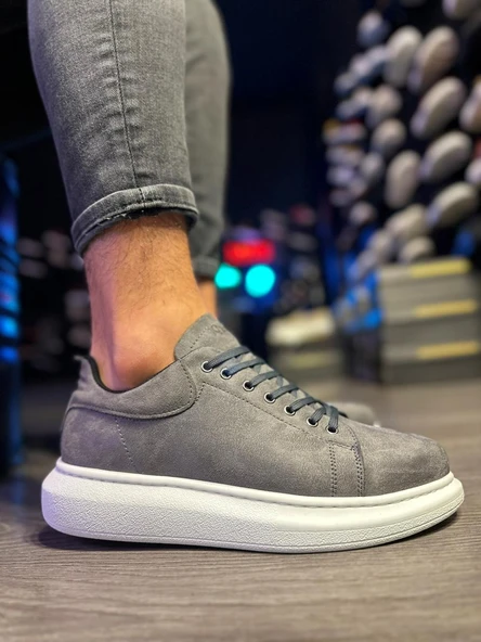 Yüksek Taban Günlük Ayakkabı Gri Süet (Beyaz Taban)