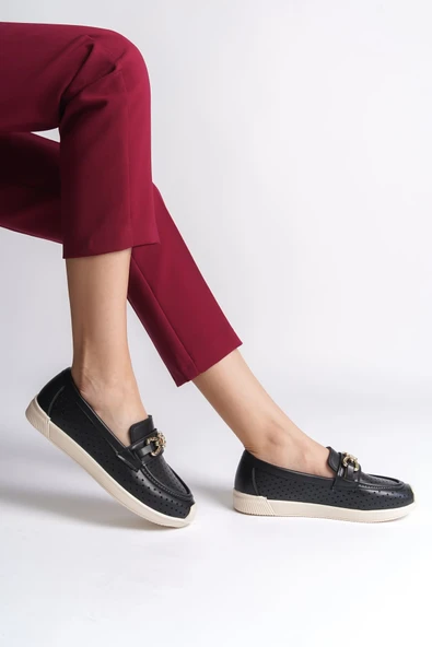 JET-LAYLA Bağcıksız Ortopedik Rahat Taban Kalp Desenli Kadın Babet Ayakkabı CKT - Siyah - Resim 3