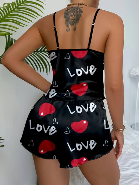 Ask Temalı Kalp Desenli Saten Şortlu Gecelik - 3