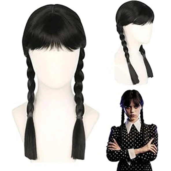 Wednesday Siyah Örgülü Peruk - Resim 4