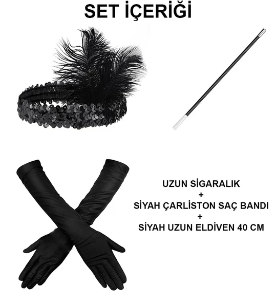 1920'ler Gatsby Aksesuar Seti – Siyah Charleston Saç Bandı, Uzun Eldiven & Sigaralık - Resim 2