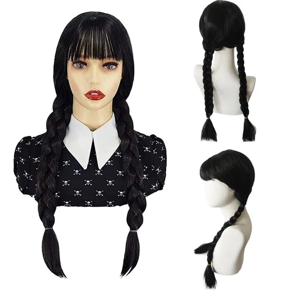 Wednesday Siyah Örgülü Peruk - Resim 3
