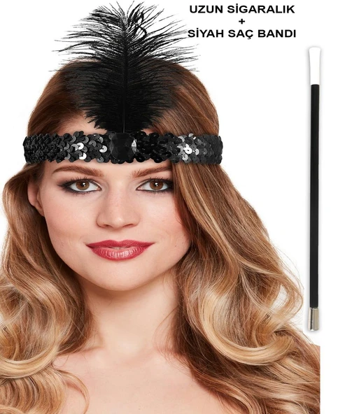 1920'ler Gatsby Aksesuar Seti – Siyah Charleston Saç Bandı & Sigaralık - Resim 3
