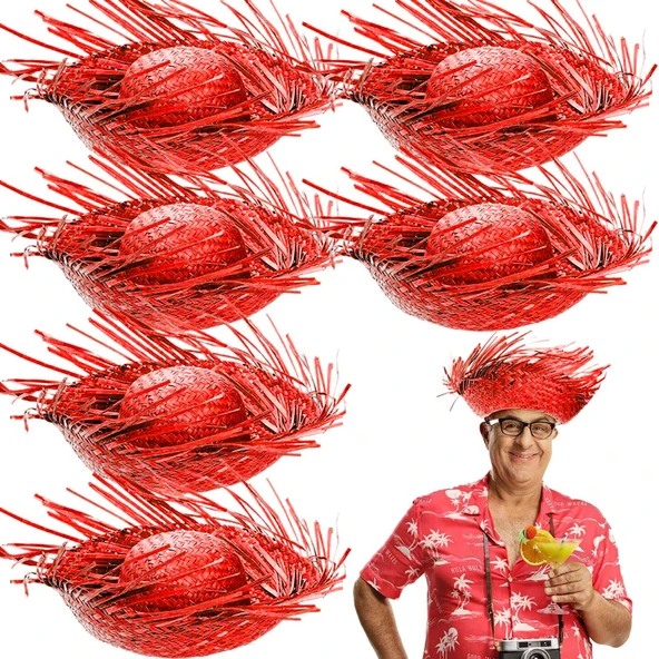 Tropikal Parti Kırmızı Hasır Hawaii Şapkası 13x36 cm - Resim 2