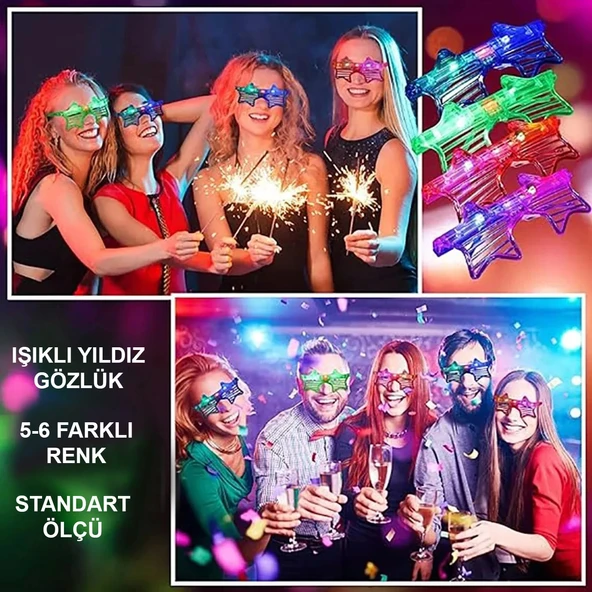 Işıklı Yıldız Gözlük Ledli Parti Gözlüğü 6 Renk 12 Adet - Resim 3