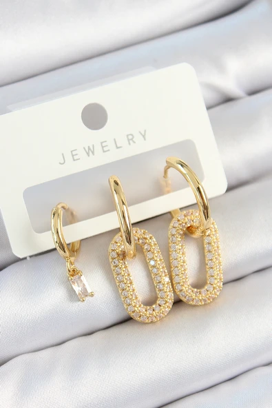 Pirinç Zirkon Taşlı Dikdörtgen Model Gold Renk 3'lü Çift Kadın Küpe Set - TJ-BKP10816 ürün görseli 1