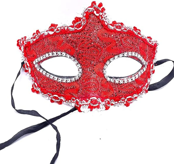Kırmızı Renk Gözler Kristal Taşlı Dantelli Parti Maskesi 11x17 cm - Resim 3