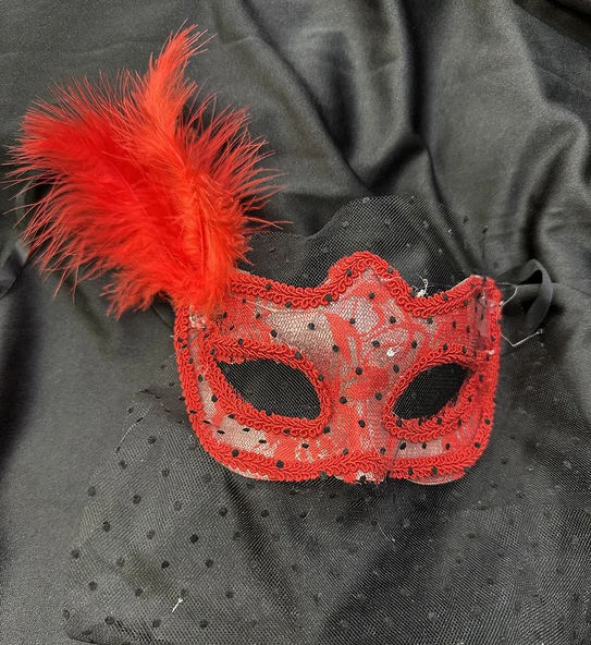 Kırmızı Renk Dantelli Duvaklı İncili Parti Maskesi B - Resim 2