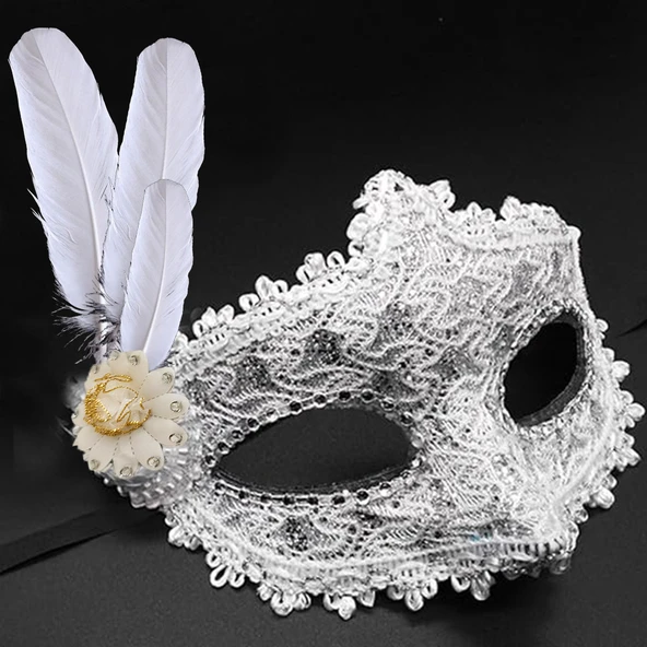 Beyaz Renk Tüylü Dantelli Gözleri Taşlı B Parti Maskesi ürün görseli 1