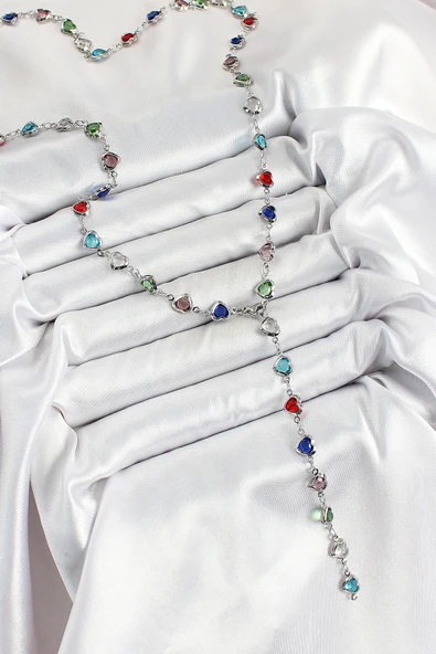 Pirinç Gümüş Renk Karışık Renk Zirkon Taşlı Kalpli Y Kadın Kolye - TJ-BKO10302 ürün görseli