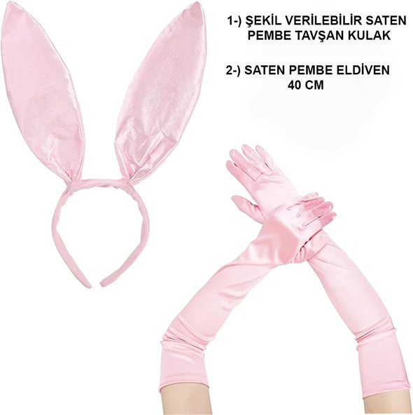 Saten Kaplama Soft Pembe Eldiven 40 cm ve Tavşan Kulak 2 li Set ürün görseli 1