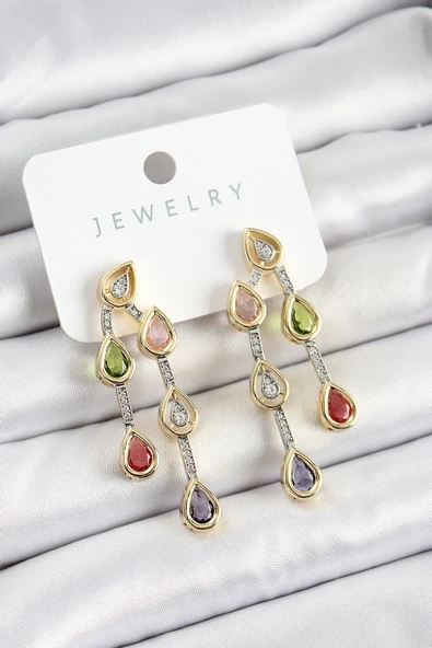 Pirinç Çoklu Damla Model Karşık Zirkon Taşlı Gold Ve Gümüş Renk Kadın Küpe - TJ-BKP10742 ürün görseli