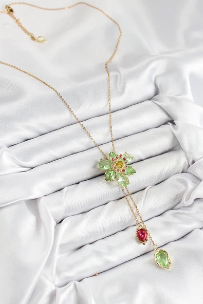 VIP Pirinç Zirkon Taşlı Çiçek Model Gold Renk Asansörlü Kadın Kolye - TJ-BKO10474 - Resim 2