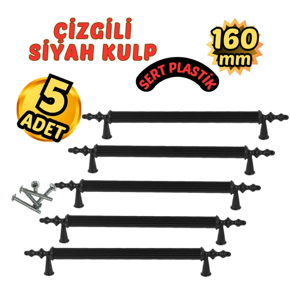 Çizgili Siyah Plastik Mobilya Kulpu 160mm – 5’li ürün görseli