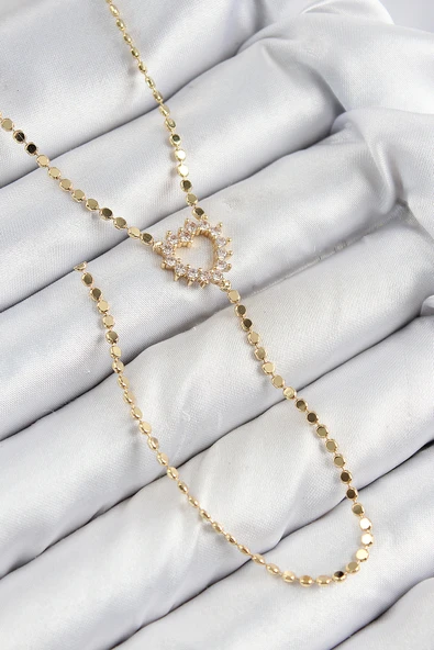 Pirinç Zirkon Taşlı Ezme Zincirli Kalp Model Gold Renk Y Kolye - TJ-BKO10461 ürün görseli