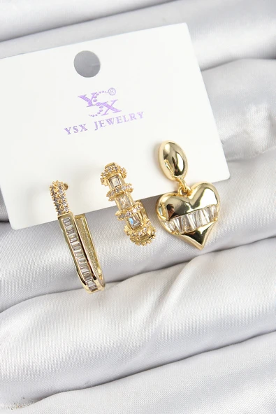 Pirinç Zİrkon Taşlı Kalp Model Gold Renk 3'lü Kadın Küpe - TJ-BKP10948 ürün görseli 1