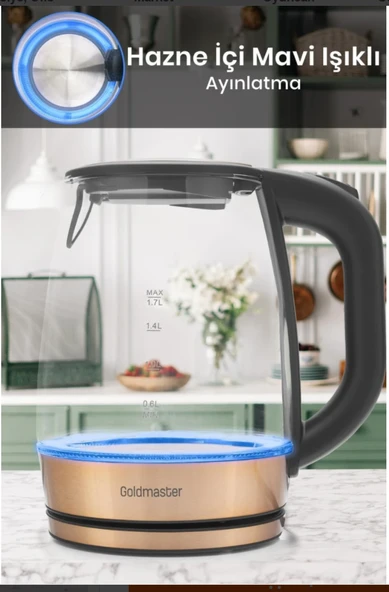 Honey Rose Gold Paslanmaz Çelik 2200 Watt 1.7 Litre Işıklı Cam Kettle Su Isıtıcı - 2