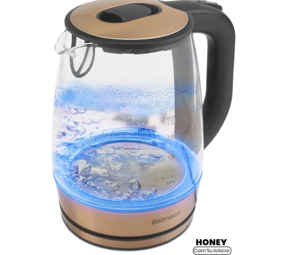 Honey Rose Gold Paslanmaz Çelik 2200 Watt 1.7 Litre Işıklı Cam Kettle Su Isıtıcı