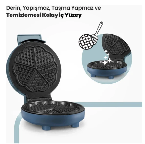 Bonbon 1000W Taşmayı Önleyen Derin Plakalı Isı Korumalı Waffle Makinesi Ege Mavisi - 3
